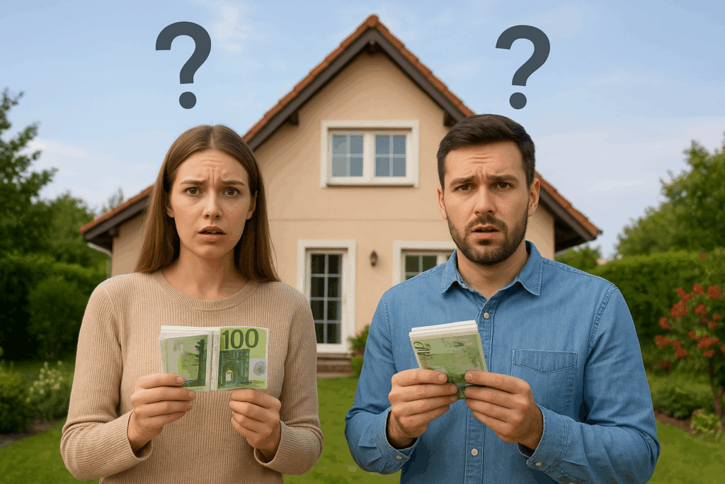 Mietrecht: Wann muss ich meine Miete bezahlen? Ein Mann und eine Frau stehen mit Geldbündeln in der Hand vor einem Haus mit Garten. Beide wirken nachdenklich und haben Fragezeichen über dem Kopf.