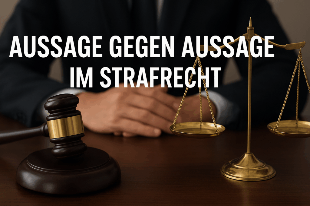 Strafrecht Dingolfing: Symbolbild mit Waage der Justiz und Richterhammer, dazu Schriftzug ,,Aussage gegen Aussage im Strafrecht", Rechtsanwalt und Strafverteidiger