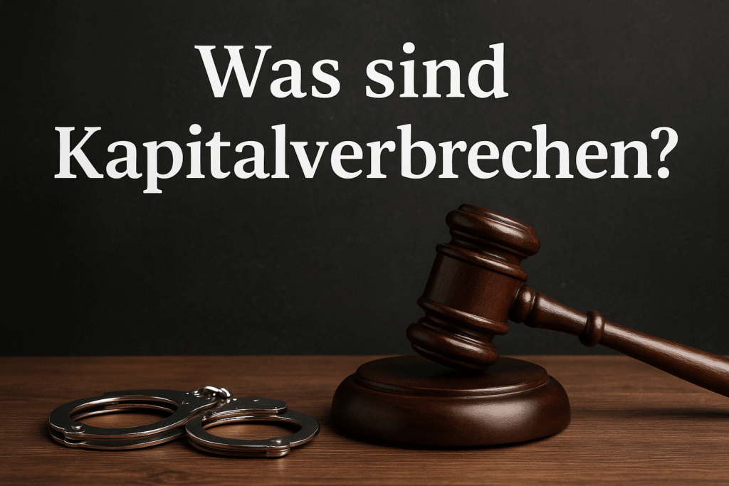 Richterhammer und Handschellen auf einem Holztisch mit der Überschrift ,, Was sind Kapitalverbrechen" - ein Symbolbild für Strafrecht und Strafverteidigung