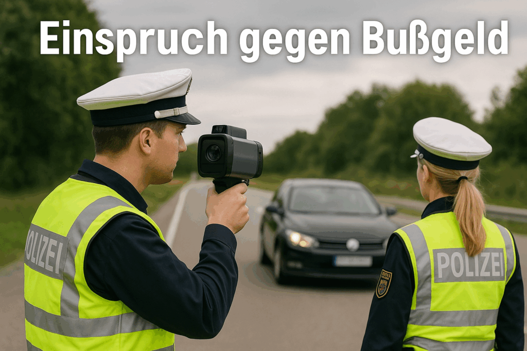 Bußgeldbescheid: zwei Polizeibeamte blitzen auf einer Landstraße mit einem mobilen Messgerät ein schwarzes Auto