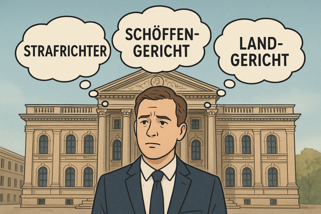 Welches Gericht ist zuständig? Ein Mann steht nachdenklich vor einem alten, ehrwürdigen Gerichtsgebäude. Über seinem Kopf schweben drei Gedankenblasen mit den Worten Strafrichter, Schöffengericht und Landgericht.