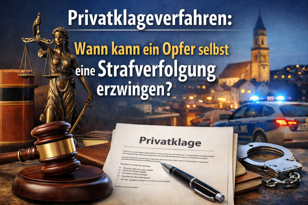 Symbolbild zum Privatklageverfahren im Strafrecht mit Richterhammer, Justitia-Figur, Akte „Privatklage“ und Polizeifahrzeug – Darstellung der Frage, wann ein Opfer selbst eine Strafverfolgung erzwingen kann.