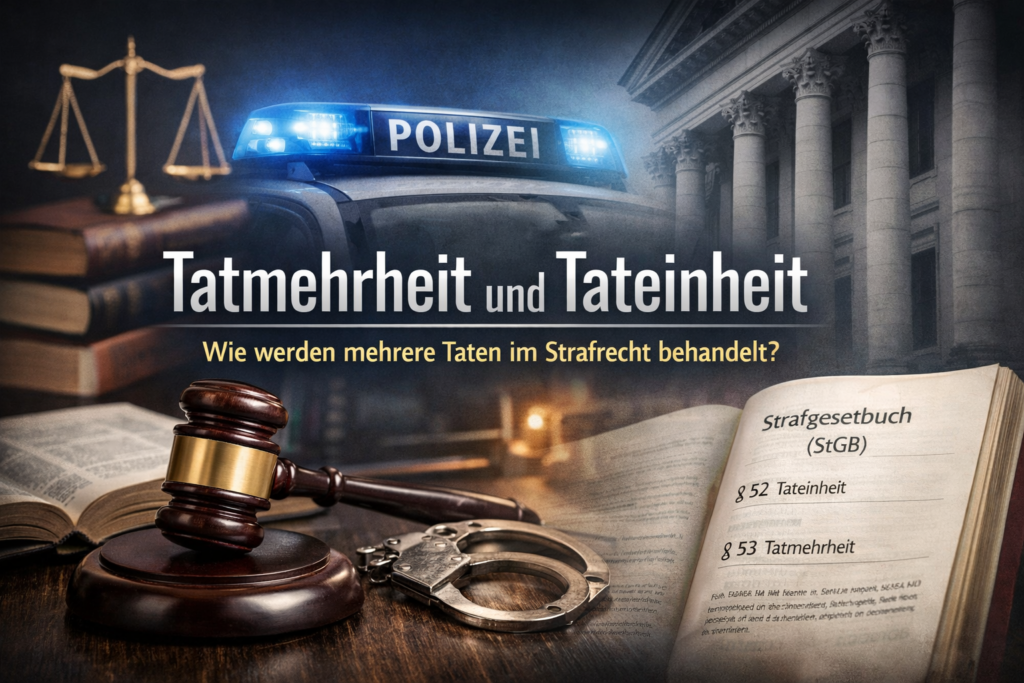 Tateinheit und Tatmehrheit im Strafrecht: Symbolbild Richterhammer, Handschellen, Polizeiwagen und Gesetzbuch mit den Vorschriften zu Tateinheit (§ 52 StGB) und Tatmehrheit (§ 53 StGB)
