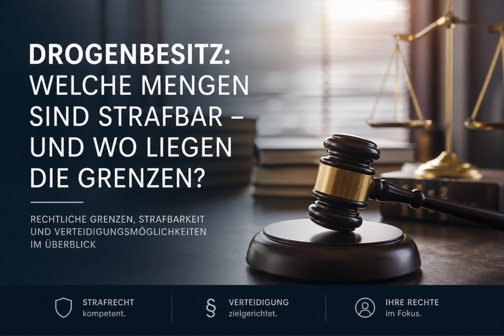 Drogenbesitz - Richterhammer und Gesetzesbücher als Symbol für rechtliche Grenzen und Strafbarkeit beim Besitz von Betäubungsmitteln