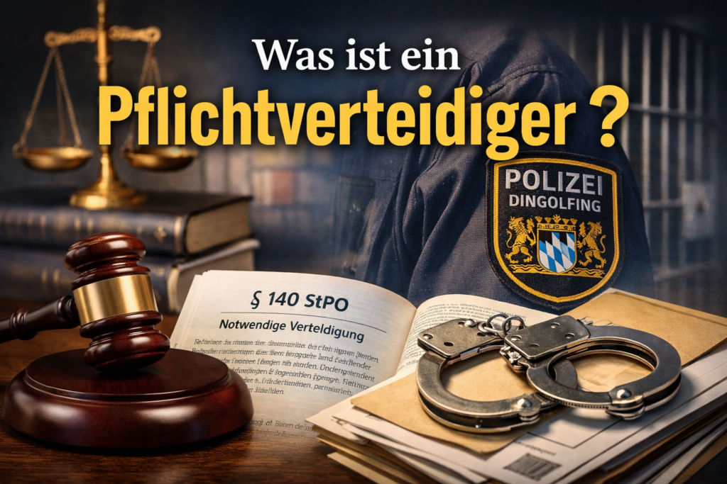 Symbolbild Strafrecht mit Richterhammer, Gesetzbuch (§ 140 StPO notwendige Verteidigung), Handschellen und Polizeiuniform – Thema Pflichtverteidiger und Strafverteidigung in Dingolfing